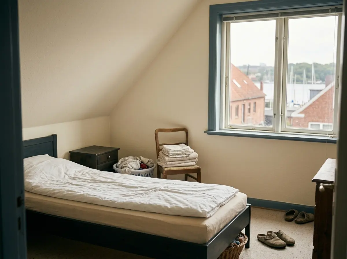 Frisch bezogenes Gästezimmer mit Blick auf den Hafen