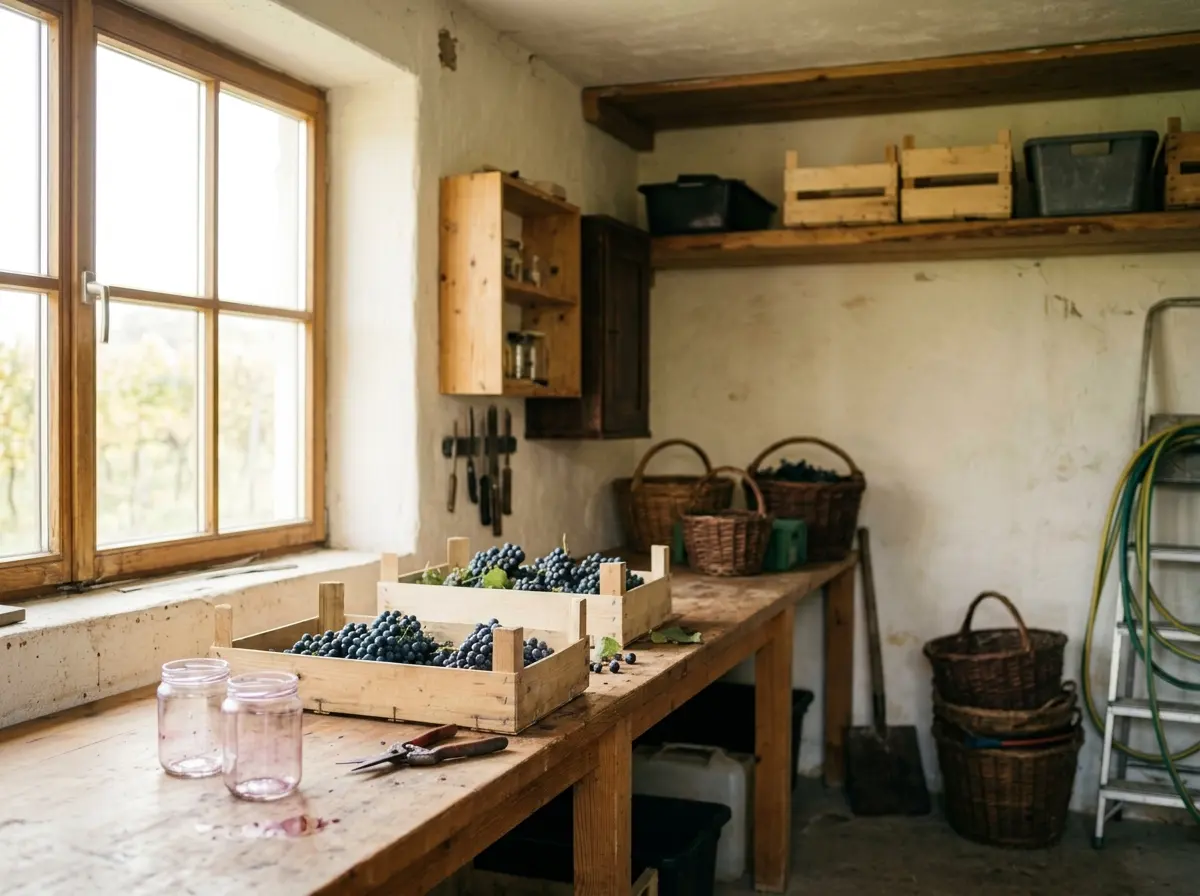 Arbeitsraum des Hofladens mit Erntekisten und Weidenkörben am Fenster