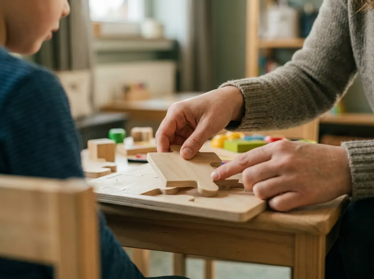 Hände von Kind und Therapeutin bei einem Holzpuzzle für die Feinmotorik