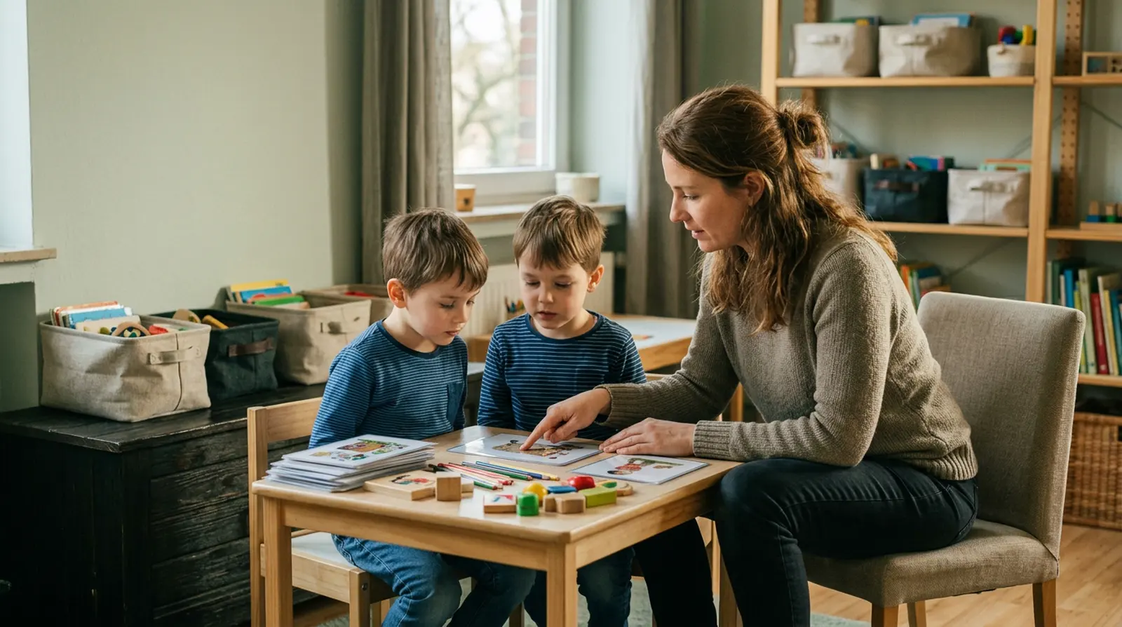 Behandlungseinheit am Tisch mit zwei Kindern und Übungsmaterial