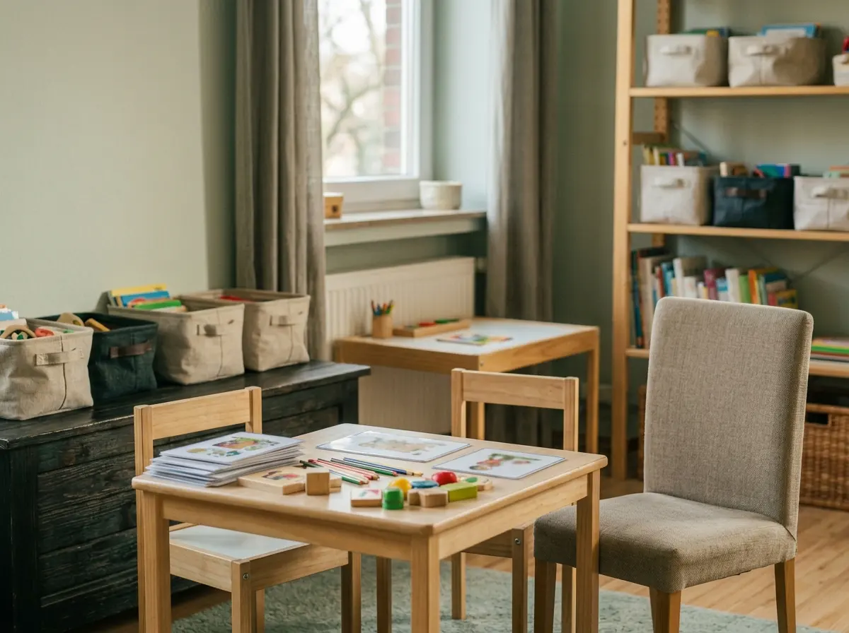 Leerer Praxisraum mit Kindertisch, Regal und Aufbewahrungsboxen