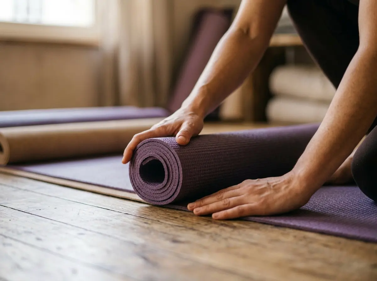 Zusammengerollte Yogamatte und Übungsutensilien auf hellem Holzboden