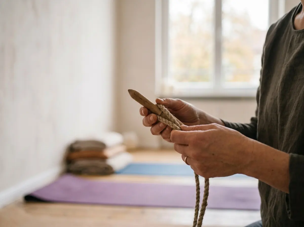 Bereitliegende Yogamatte und Hilfsmittel im Studio