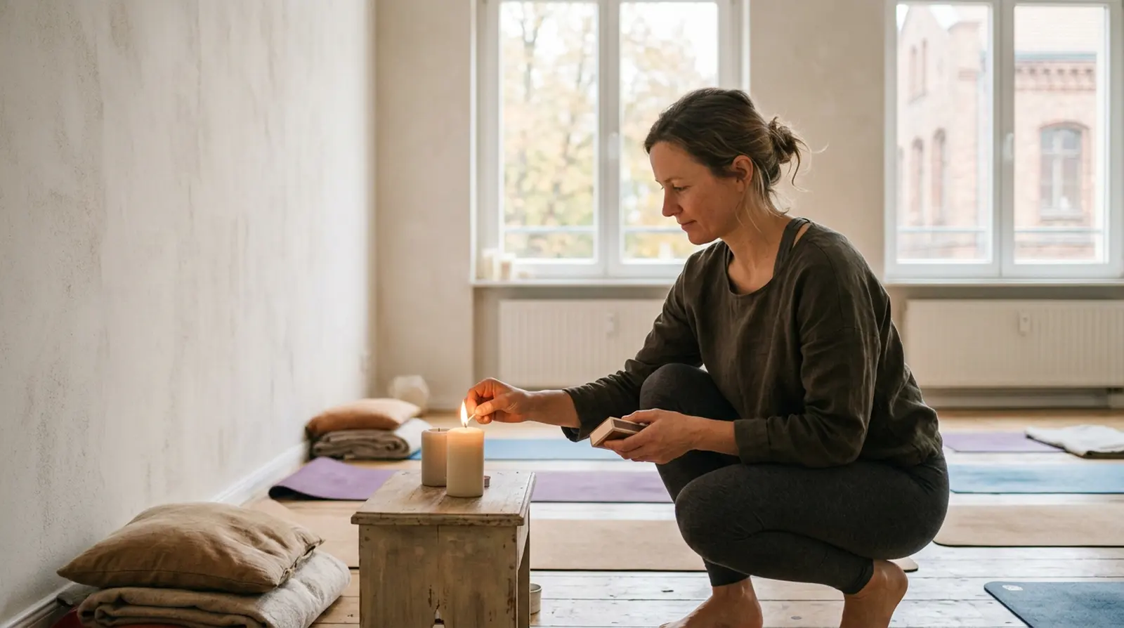 Yogalehrerin bei einer Übung im Studio, Blick auf die Praxis gerichtet