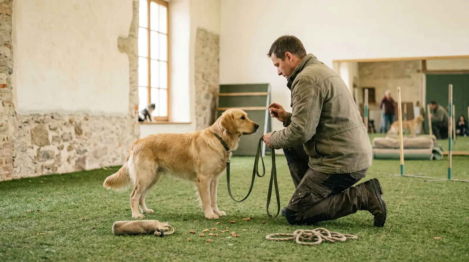 Hund an lockerer Leine, daneben kniet ein Mensch auf einer Übungsfläche
