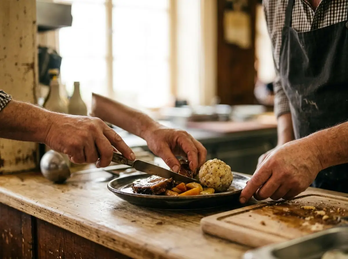 Zwei Köche am Pass, ein Teller mit Braten und Knödel wird über die Holztheke gereicht