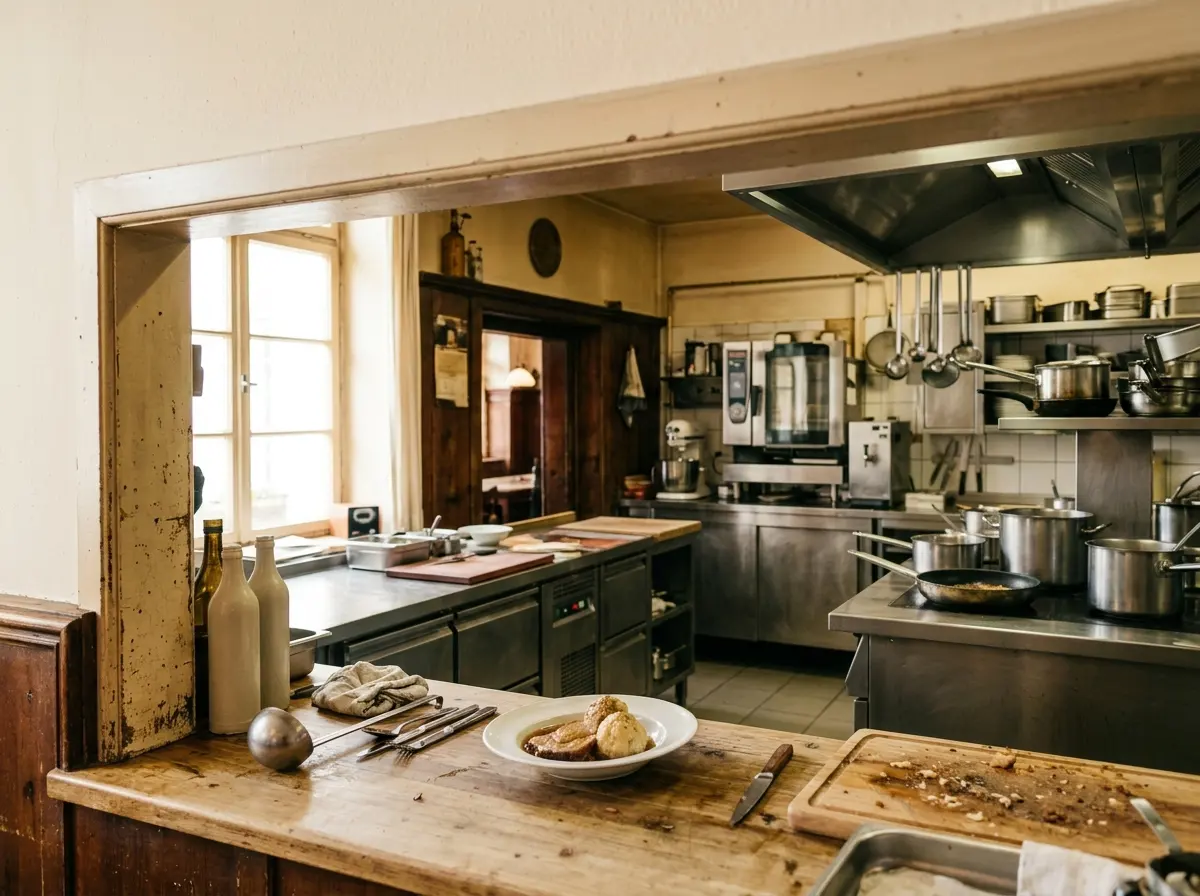Blick in die Küche mit hängenden Töpfen und Pfannen, menschenleer