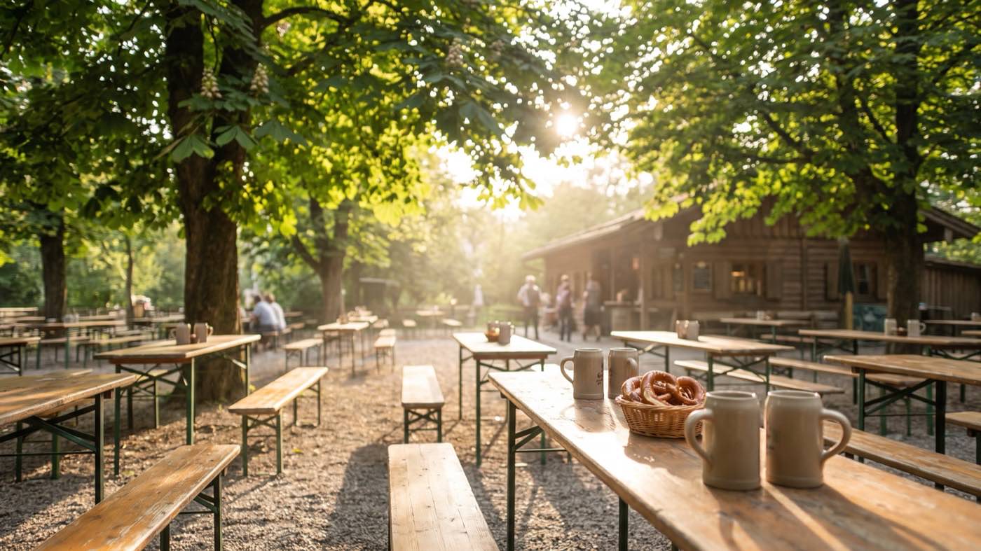 Biergarten mit Bänken unter alten Bäumen