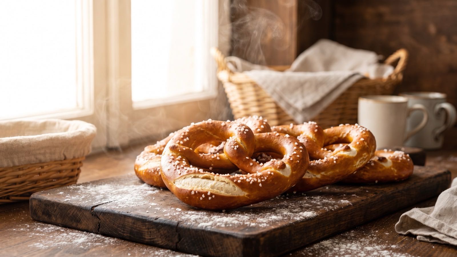 Ofenfrische Brezn auf einem Holzbrett