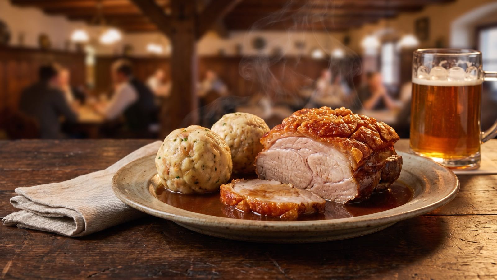 Schweinsbraten mit Knödel auf einem Teller